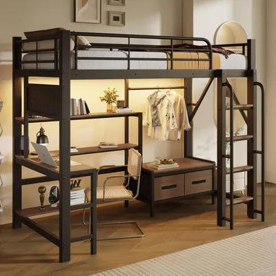Image de Lit superposé Merax, 90x200 cm, structure en métal, lit pour enfant avec bureau intégré, barre lumineuse LED, port USB, panneau perforé, 2 tiroirs en tissu, couleur noire