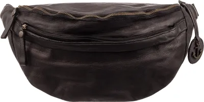 A black leather belt bag is shown against a white background.