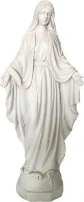 A white statue of the Virgin Mary with her arms outstretched.