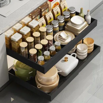 Image de Tiroir de cuisine télescopique, compartiment de rangement réglable et amovible, installation sans outils, 1 pièce (noir)