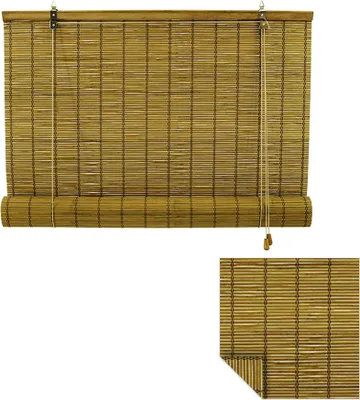 A bamboo roller blind is shown against a white background, with a close-up inset of the texture.