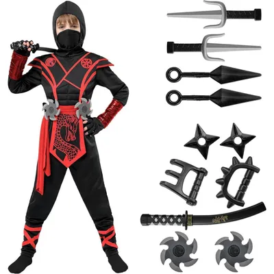 Productafbeelding van Kinderkostuum van een ninja-draak, rood, jumpsuit met masker en handschoenen, maat L