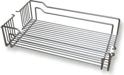 A silver wire basket on a white background.