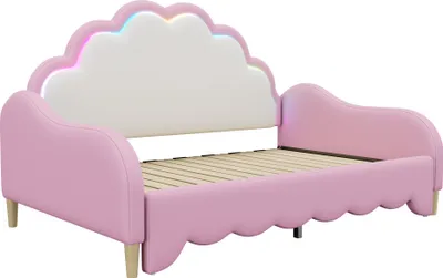 Produktbild von Flieks Polsterbetet 140x100cm/140x200cm, Kinderbett mit Rausfallschutz, Schlafsofa Sofabett mit Lattenrost, Jugendbett mit LED, PU, Rosa