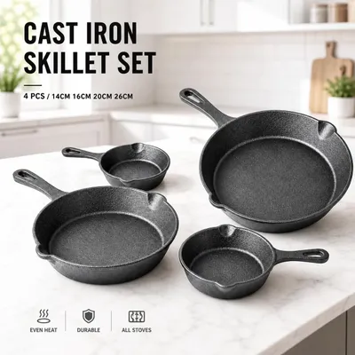 Immagine prodotto di Set di 4 padelle in ghisa non smaltata, disponibili in diverse dimensioni (14/16/20/26 cm), utensili da cucina