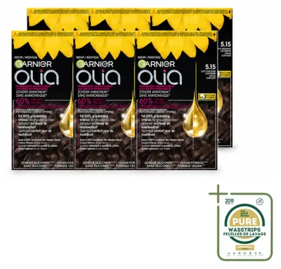 Imagen del producto de 6 tintes para el cabello Garnier Olia 5.15, color castaño claro, sin amoníaco, pack ahorro, 6 unidades
