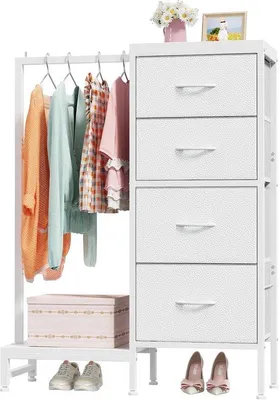 Productafbeelding van Opbergkast 4 Laden met Kledingstang, Wit | 111 cm, Multifunctioneel Meubel voor Slaapkamer, Woonkamer, Hal, Kinderkamer
