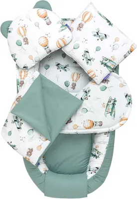 Produktbild von JUKKI Baby Nestchen 5tlg BAUMWOLLE SET für Neugeborene [Balloon Travel] 2seitig 100x55cm Babynest + Matratze + Decke + 2xKissen