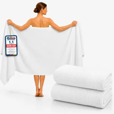 Produktbild von Komfortec 2er Saunatuch Set 80x200 cm aus 100% Baumwolle, XXL-Saunatücher, Sauna Handtuch, Weich, Groß, Frottee, Schnelltrocknend, Weiß
