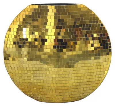 Tischvase Mosaik Gold 40 cm mit kugeliger Form und durchgehender goldener Mosaik-Oberflaeche in Gesamtansicht.