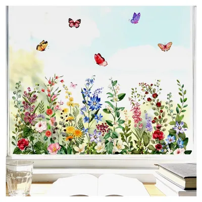 Produktbild von 3 Bögen selbstklebende Fensterbilder Frühling mit Blumen und Schmetterlingen, doppelseitige Fensteraufkleber für Frühling und Sommer, wiederverwendbare statisch haftende Fensterfolie
