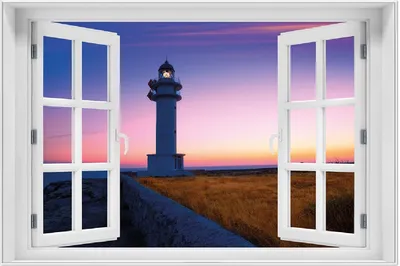 Produktbild von Wallario Wandbild mit Fenster-Illusion: Leuchtturm am Abend auf den Balearen Malerischer Himmel, Größe: 61 x 91,5 cm, Poster mit weißem Aluminiumrahmen