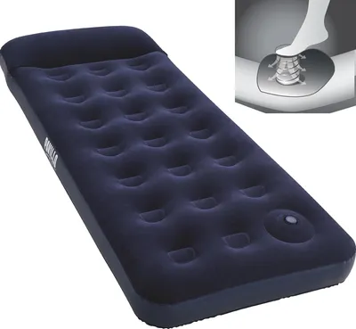 A dark blue inflatable mattress with a built-in pillow, shown from a diagonal angle. An inset graphic shows a foot pressing down on a pump mechanism.