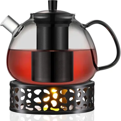 Productafbeelding van Thee kan met verwarmingselement, 1500 ml, borosilicaatglas, roestvrijstalen zeef, hittebestendig, zwart