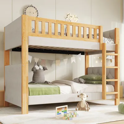Image de Lit superposé Flieks 90 x 200 cm avec barrière de sécurité et sommier à lattes, lit mezzanine pour enfants avec échelle, lit enfant en bois simple pour 2 enfants, naturel