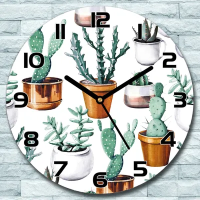 Produktbild von Wanduhr aus Glas Rund fi 30 Kakteentöpfe Quarz Deko Wohnzimmer Büro