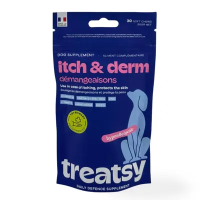 Produktbild von Treatsy Juckreiz Hund | Omega-3, Quercetin, Zink, Biotin | hypoallergen | 30 Snacks | Haut, Fell, Anti-Juckreiz