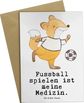Produktbild von Mr. & Mrs. Panda Glückwunschkarte Fuchs Fußball spielen - Weiß - Geschenk, Bolzplatz, einladungskarten, Soccer, Bolzen, weihnachtskarten, dankeskarten, Grußkarte