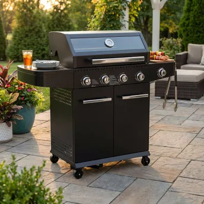 Immagine prodotto di Milani Home - barbecue a gas da giardino, 4 fuochi + fornello laterale, metallo, con coperchio e ruote, nero