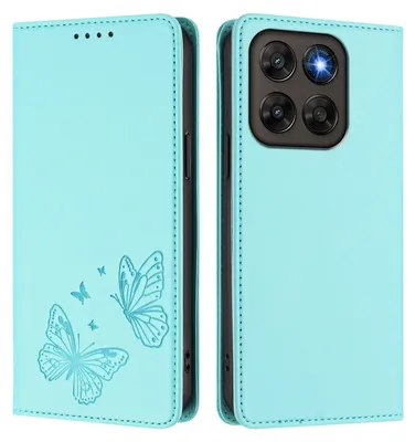 Produktbild von Lederhülle für Motorola Moto G67/Moto G77, Schmetterling Prägung Leder Brieftasche Schutzhülle mit Ständer Türkis