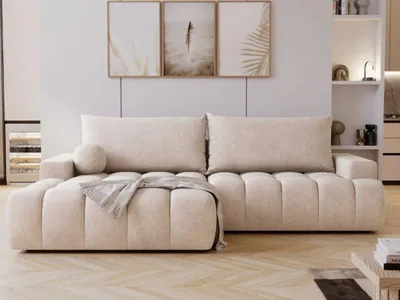 Produktbild von GrainGold Ecksofa L-Form Links Havi - Ecksofa mit Schlaffunktion, Bettkasten - Moderne Ecksofa, Wohnzimmer Sofa - Eckcouch Hellbeige (Chill me 05)