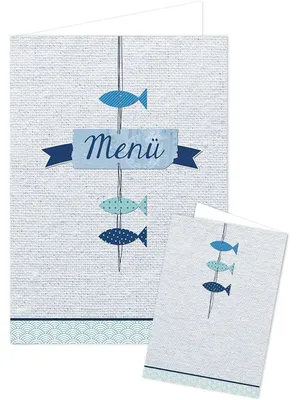 Produktbild von 10 Stück Menükarten maritim blau weiß türkis 3 Fische beschreibbar bedruckbar Speisekarten DIN A4 geklappt A5 Tischdeko Hochzeit Kommunion Taufe Geburtstag50 Stück