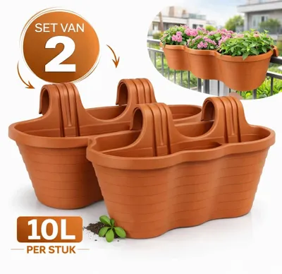Productafbeelding van CAMELLIA 3-Delige Hangende Bloempot – 10L – Set van 2 – Balkon Plantenbak – Terracotta – Voor Railing – 30 x 52 x 25 cm