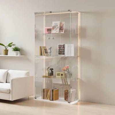 Image de Vitrine en verre UnboxG 2 portes, 4 étagères, éclairage LED, blanc, vitrine sur pied Armoire d'exposition et de rangement pour salon, bureau ou salle à manger, 78,5 x 35 x 163 cm