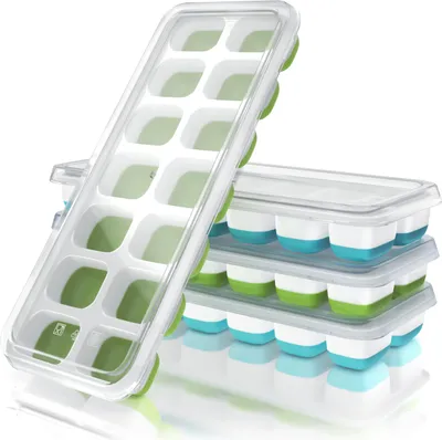Produktbild von Arendo Eiswürfelformen 250ml - 14 Eiswürfel Fächer - 4er Set Eiswürfelbereiter mit Deckel – spülmaschinengeeignet – stapelbar - Silikon BPA-frei