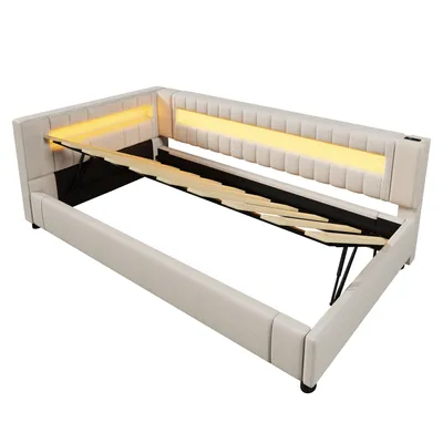 Produktbild von Schlafsofa mit LED-Beleuchtung und Stauraum, 90x200 cm, Einzelbett mit Lattenrost, Polsterbett, Leinen