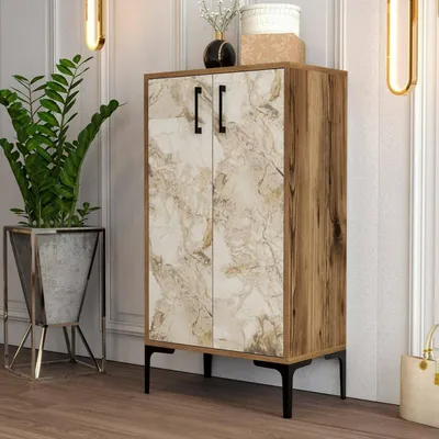 Produktbild von Schuhschrank Helios, Schuhregal, Mehrzweck-Eingangsgarderobe, Möbel für Schuhe, 60x35h111 cm, Nussbaum und Weißer Marmor