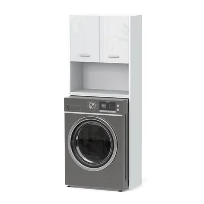 A white cabinet unit with two doors and an open shelf sits above a gray washing machine.