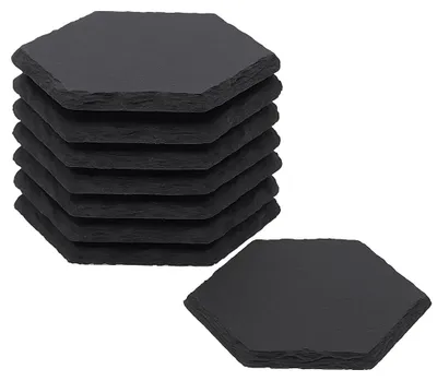 Produktbild von 8er Set Schiefer Untersetzer Hexagon – Naturstein Glasuntersetzer 10 cm – Getränkeuntersetzer aus Schiefer für Gläser, Tassen, Flaschen – rutschfest & hitzebeständig – elegantes Tischzubehör