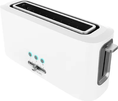 A white toaster with gray accents, shown from a diagonal angle against a white background.
