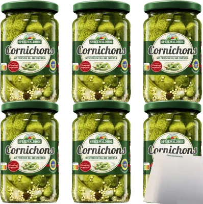 Produktbild von Spreewaldhof Cornichons mit frischem Dill und Zwiebeln 6er Pack (6x330g Glas) + usy Block