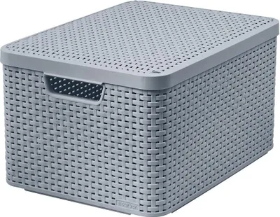 Produktbild von Curver Rattan Style Aufbewahrungsbox mit Deckel, Aufbewahrungskorb, Kunststoff, Aus Recyclingmaterial in mindestens 70% (Hellgrau, L: 44,5 x 33 x 24,8
