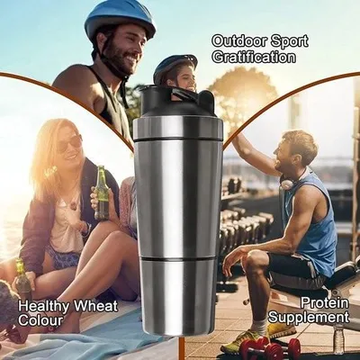 Produktbild von Protein-Shaker aus Edelstahl, 700 + 200 ml doppelwandiger Mixer mit Pulverfach und Kugel, Shaker für Protein, Sport und Fitness.