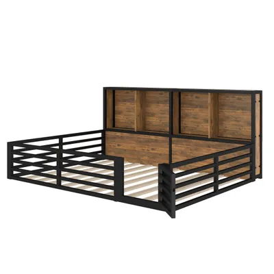 Obrázek produktu pro okwish Dětská postel 140×200, postel se zábranou, nízká postel s úložným prostorem na boku, mládežnická postel bez matrace s lamelovým roštem a zábradlím, černá