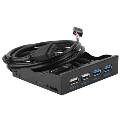 A black computer front panel with USB ports and cables.
