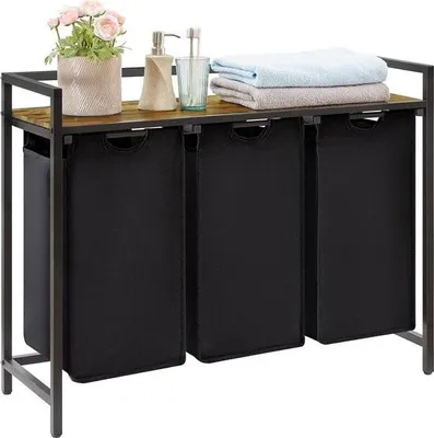 Produktbild von Wäschekorb mit 3 Fächern, Fassungsvermögen 120 Liter, Wäschekorb mit Ablage und Ausziehtaschen, Wäschesortierer für Hauswirtschaftsraum, Schlafzimmer, Badezimmer, Wohnheim, Schwarz