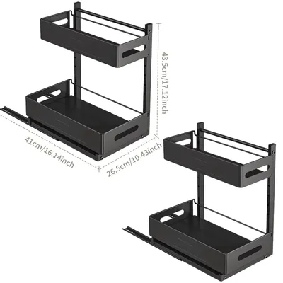 Image de Organisateur de placard de cuisine - Étagère coulissante avec panier - Pour placard sous l'évier - Lot de 2 - Acier - Étanche - Noir