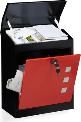 Image de Boîte aux lettres Relaxdays, grande, en acier, avec volet de sécurité et serrure, H x l x P : 53 x 43,5 x 26 cm, boîte aux lettres murale, noir et rouge