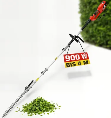 A long-reach hedge trimmer is shown diagonally against a white and green background, with a pile of cut leaves at its base.