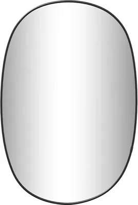 A studio shot of an oval mirror with a black frame against a white background.
