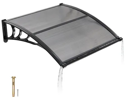 Zdjęcie produktu dla Daszek nad drzwiami wejściowymi – daszek łukowy 96,5 x 101,7 cm – poliwęglan – z odpływem wody – uchwyty ABS – ochrona przed warunkami atmosferycznymi i promieniowaniem UV – kolor dymnoszary
