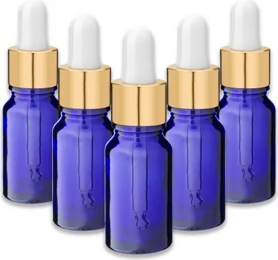 Produktbild von 5x Blaue Glasflasche 10 ml mit goldener Aluminium-Pipette Tropfen leer