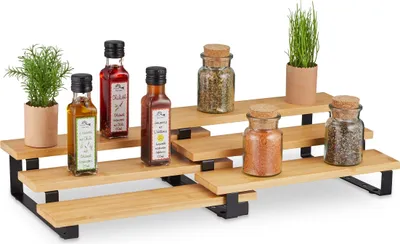 Produktbild von Relaxdays Gewürzregal, ausziehbare Gewürzablage, Bambus, HBT: 11,5 x 32 x 24,5 cm, 3 Ebenen, Gewürzhalter stehend, natur