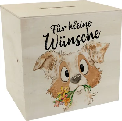 Produktbild von Hund Spardose aus Holz mit Spruch Für kleine Wünsche