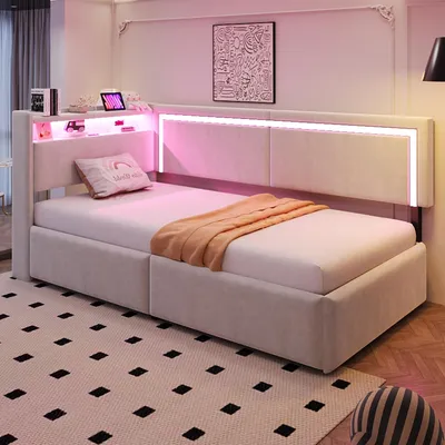 Produktbild von okwish Schlafsofa 90x200 Tagesbett Einzelbett mit verdecktes Staufach,Jugendbett mit Bettkasten und Staufächern und einer umklappbaren Kopfstütze,Beige(mit Matratze)