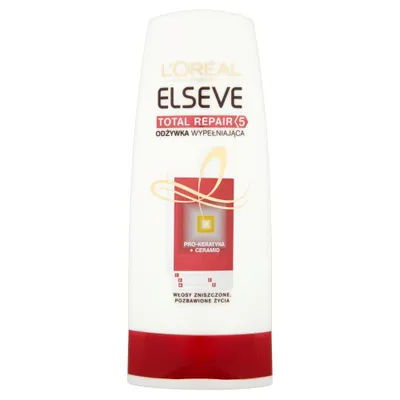 A white bottle of L'Oréal Elseve Total Repair conditioner with red accents and branding.